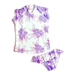 Girls Cap Sleeve Rashguard Set with Ruffled Bikini Bottom - Tiare Lilac
