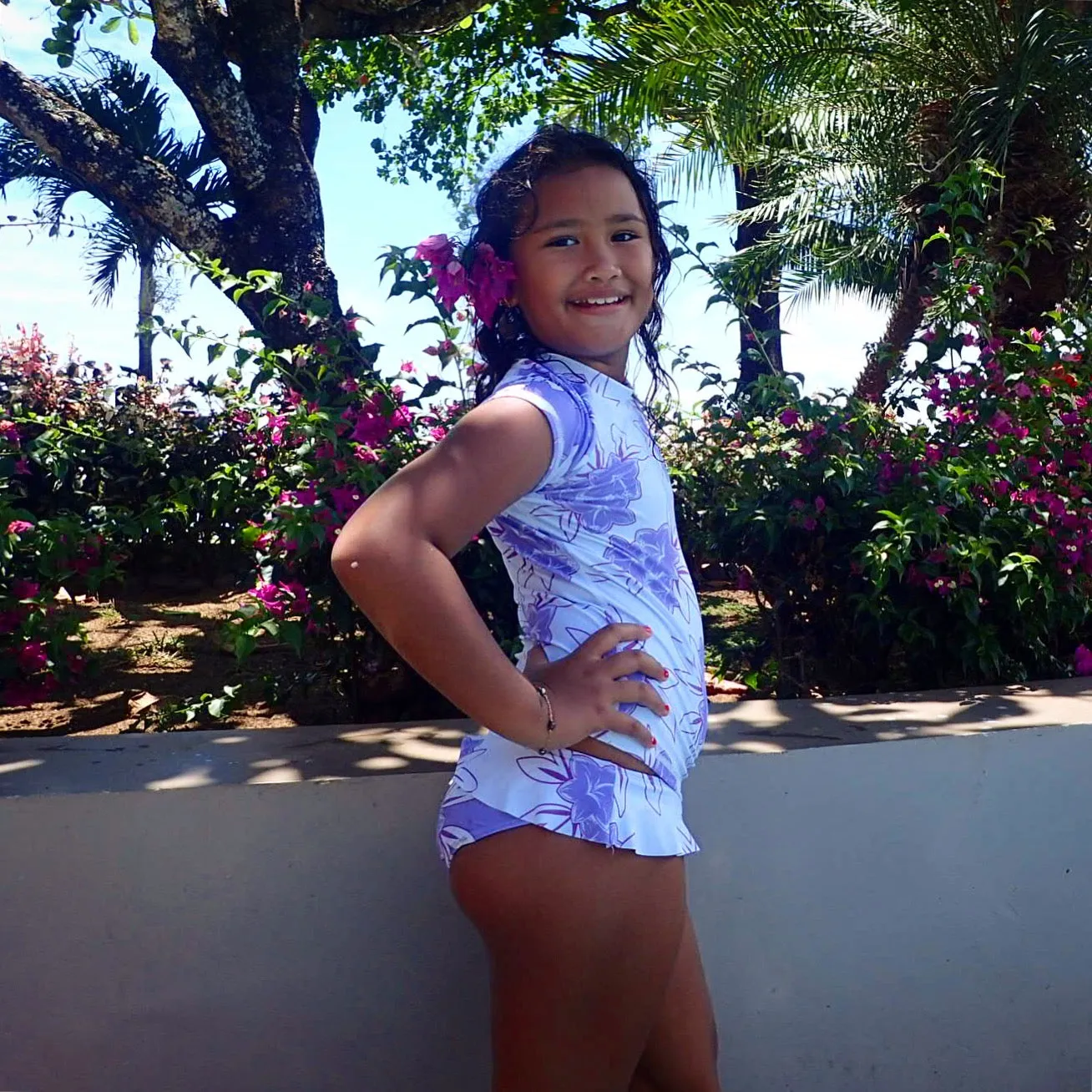 Girls Cap Sleeve Rashguard Set with Ruffled Bikini Bottom - Tiare Lilac