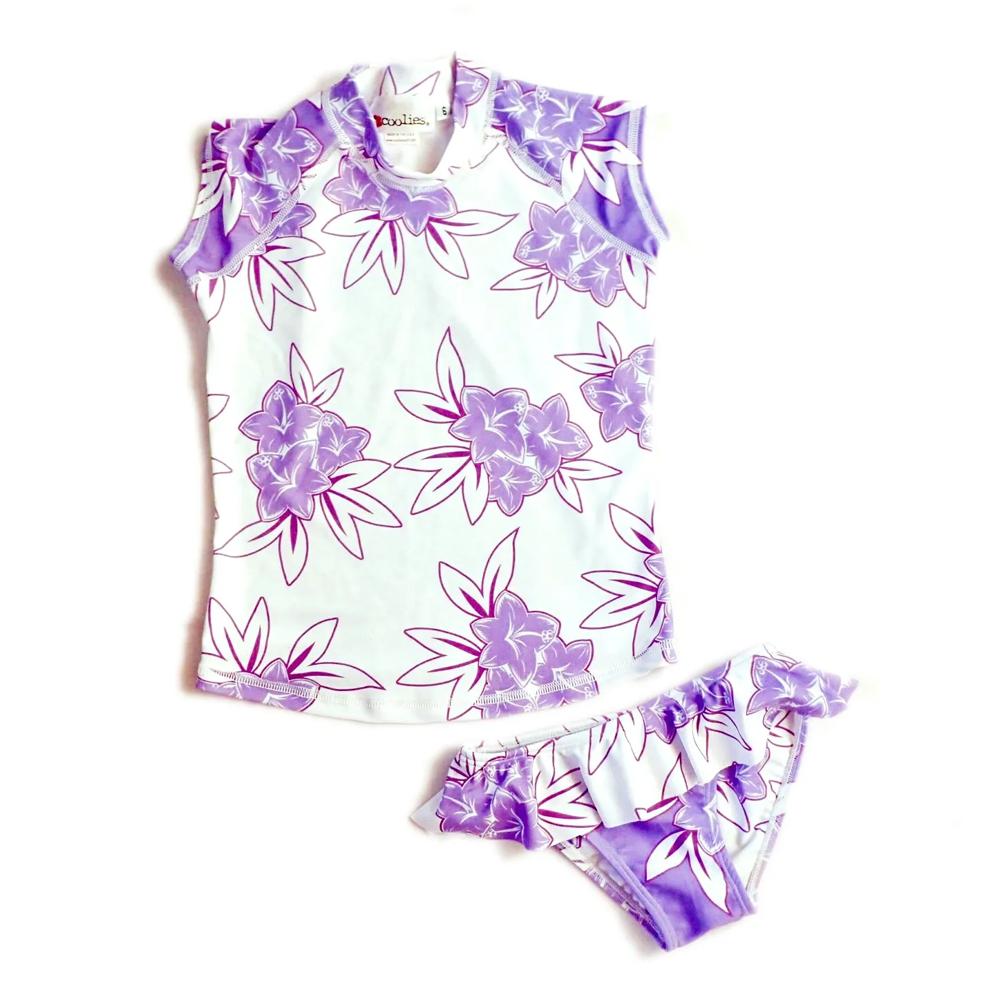 Girls Cap Sleeve Rashguard Set with Ruffled Bikini Bottom - Tiare Lilac
