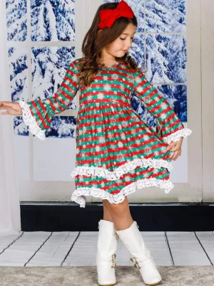 Girls Printed Ruffled Long Sleeve 2-Tiered Crochet Dress