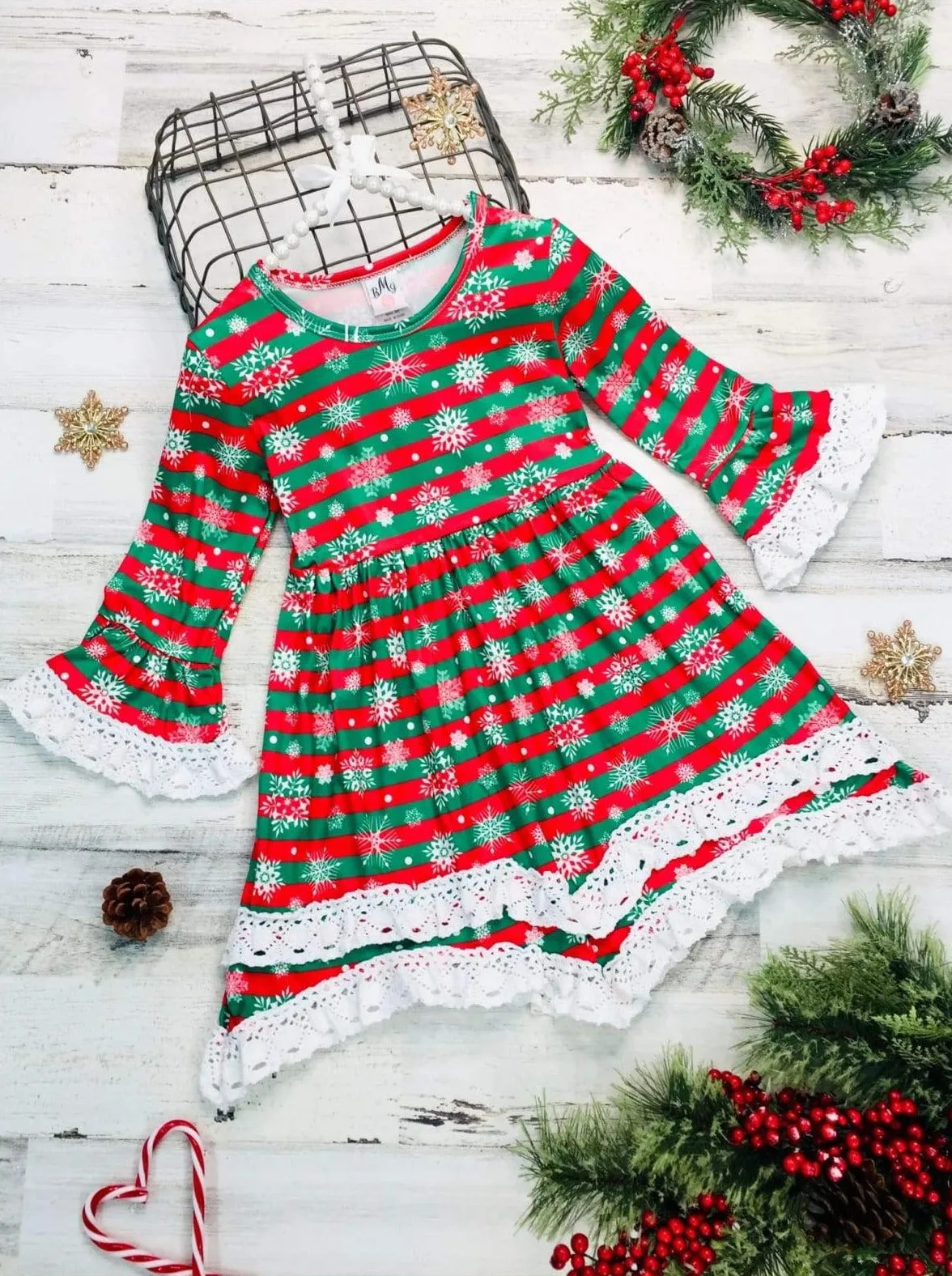 Girls Printed Ruffled Long Sleeve 2-Tiered Crochet Dress