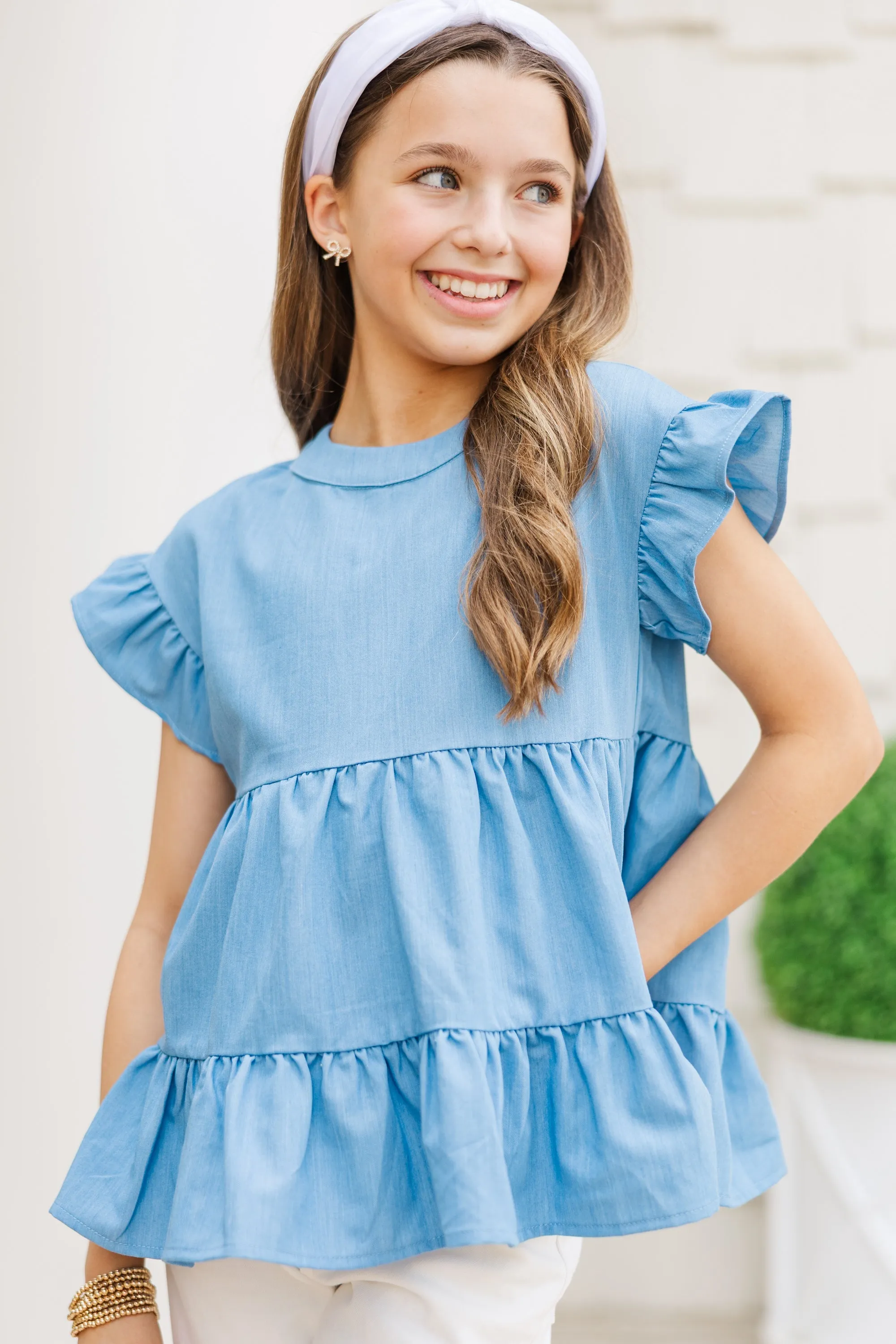 Girls: The Trinity Chambray Blue  Blouse
