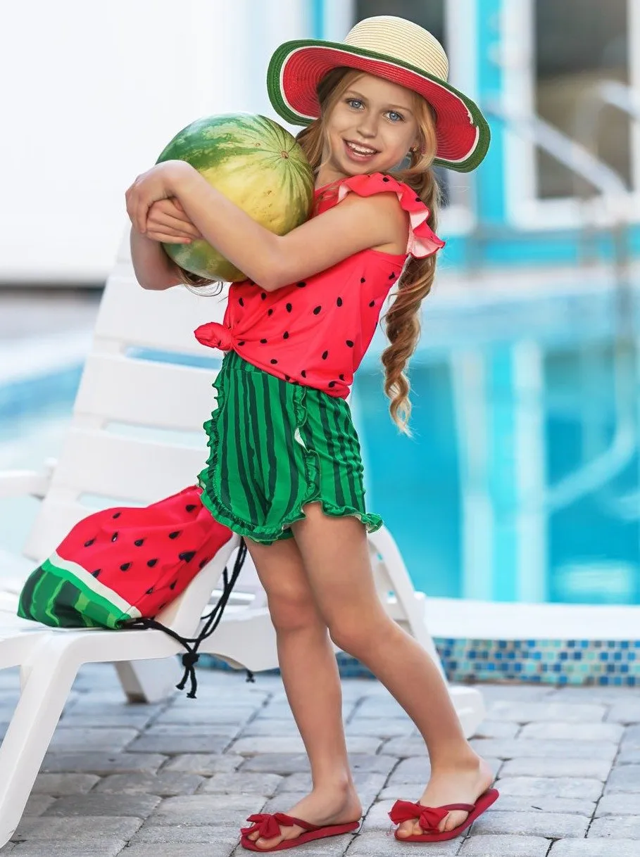 Girls Watermelon Flutter Sleeve Top and Ruffled Shorts Set