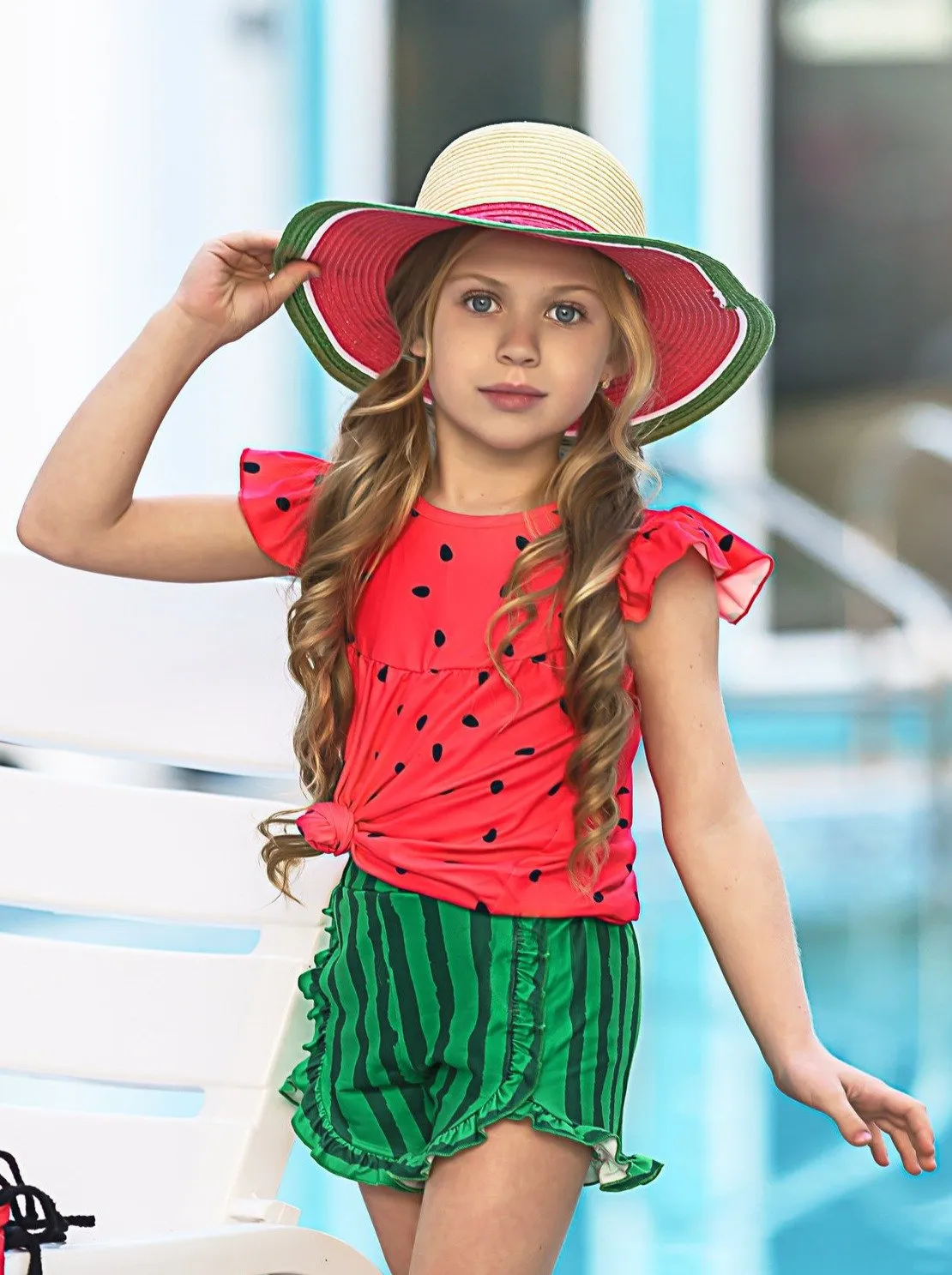 Girls Watermelon Flutter Sleeve Top and Ruffled Shorts Set