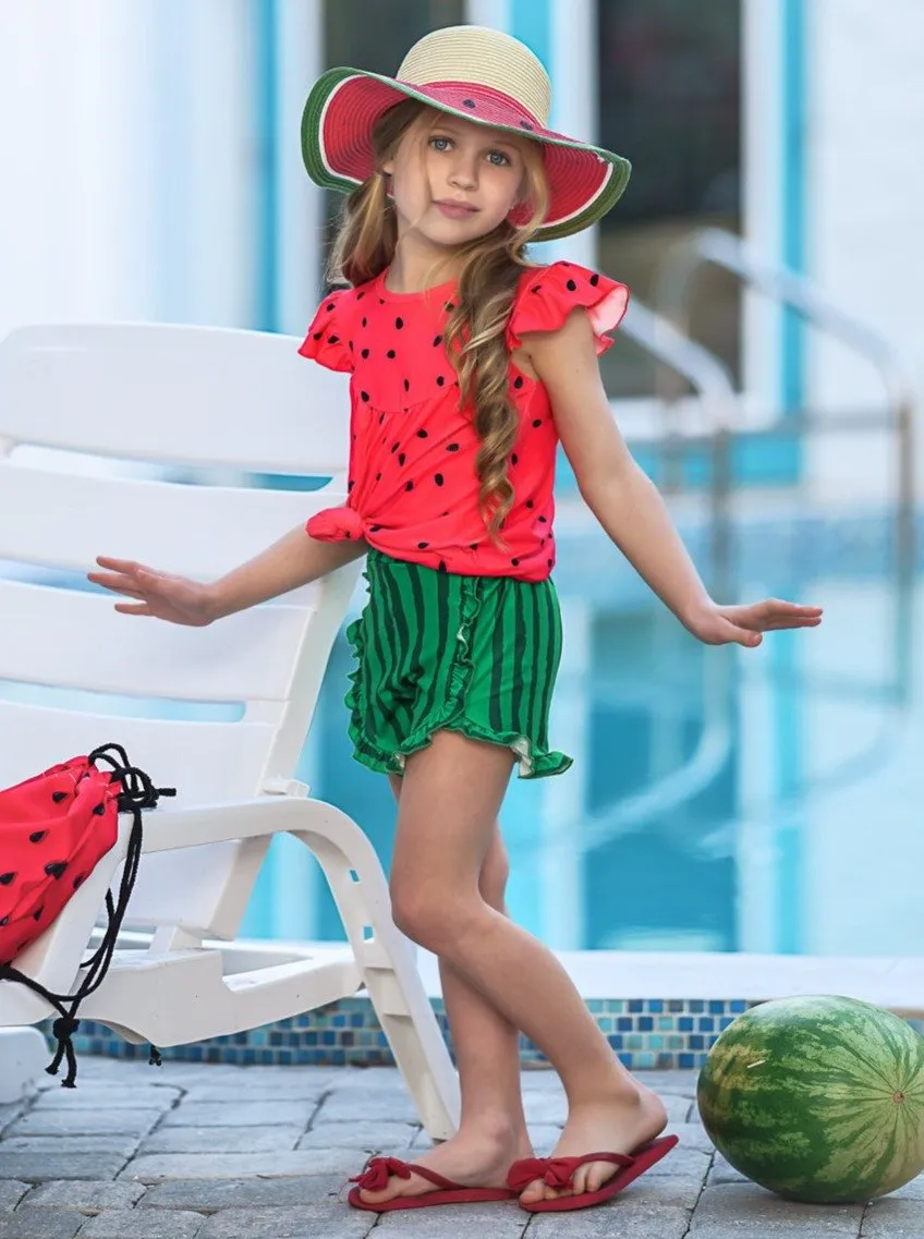 Girls Watermelon Flutter Sleeve Top and Ruffled Shorts Set