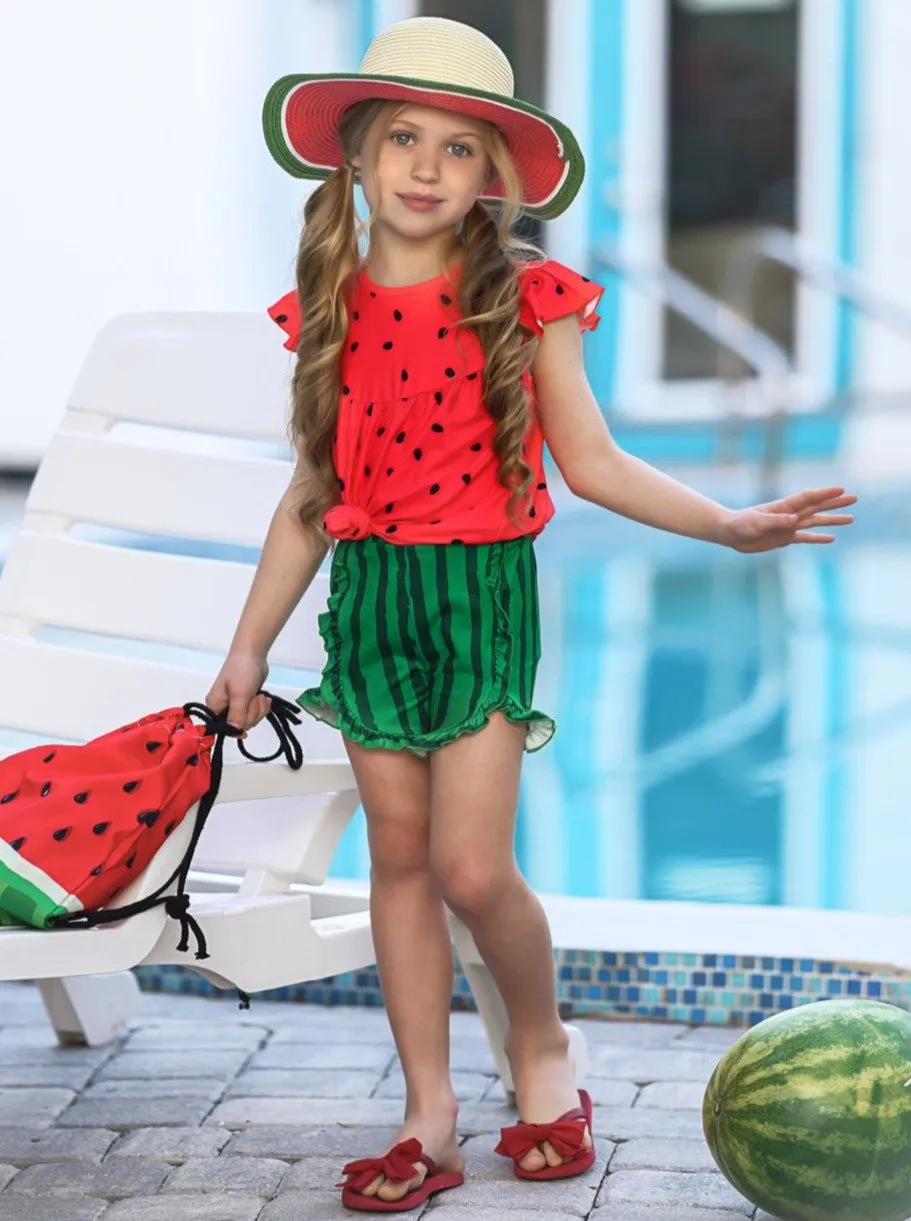Girls Watermelon Flutter Sleeve Top and Ruffled Shorts Set