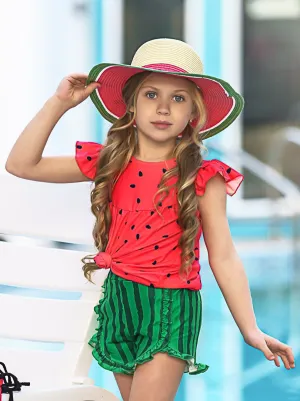 Girls Watermelon Flutter Sleeve Top and Ruffled Shorts Set