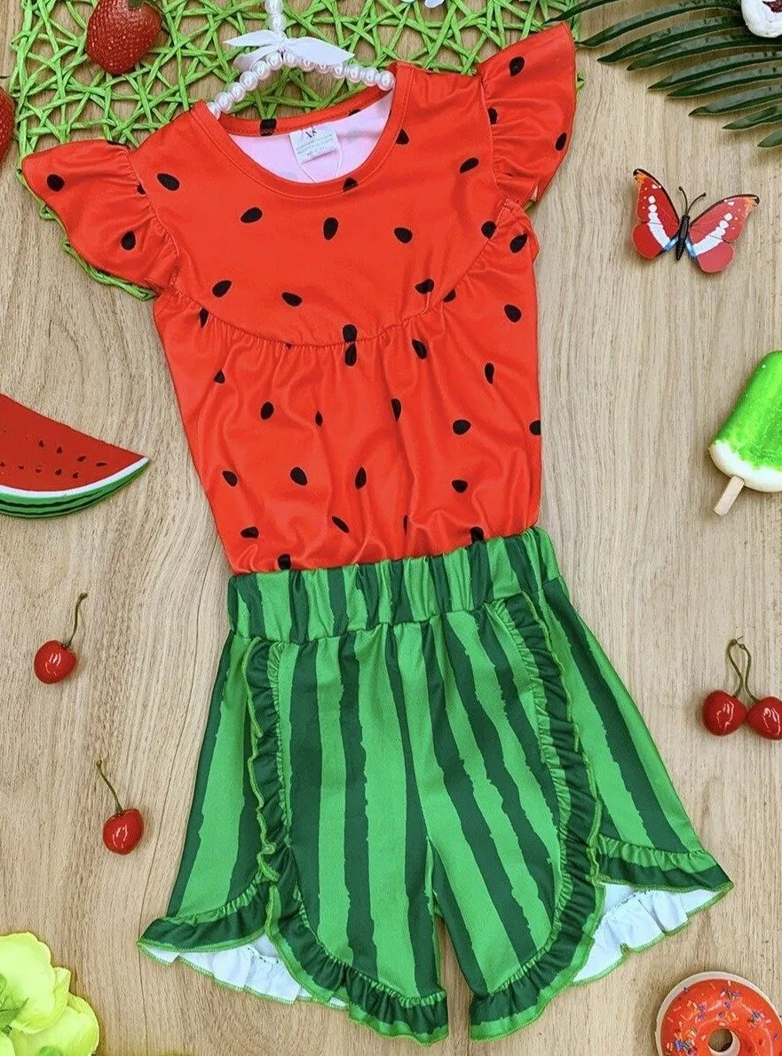 Girls Watermelon Flutter Sleeve Top and Ruffled Shorts Set