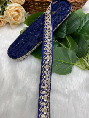 Gold Zari Work Embroidery Lace Borders - Perfect for Sarees, Dupattas, Lehengas, and Craft Projects | Navy Blue