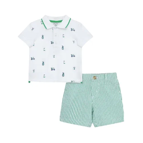 Golf Polo Short Sleeve Shirt and Green Seersucker Shorts Set