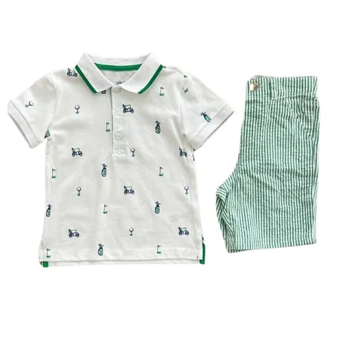 Golf Polo Short Sleeve Shirt and Green Seersucker Shorts Set