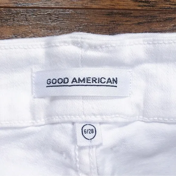 Good American • Destroyed Cutoff Denim Shorts White 004 ripped distressed jean