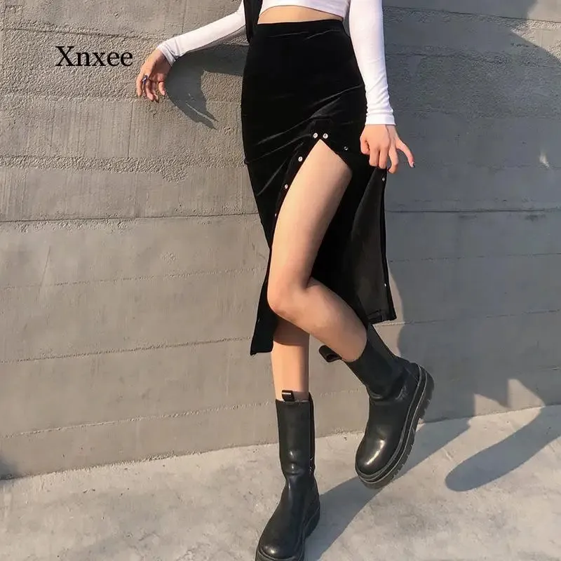 Goth Dark Gothic High Waist A-Line Long Dress with Slit