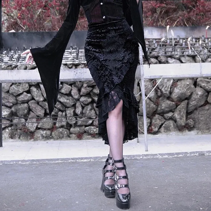 Goth Dark Vintage Ruffle Mermaid Midi Skirt - Gothic Grunge Elegance