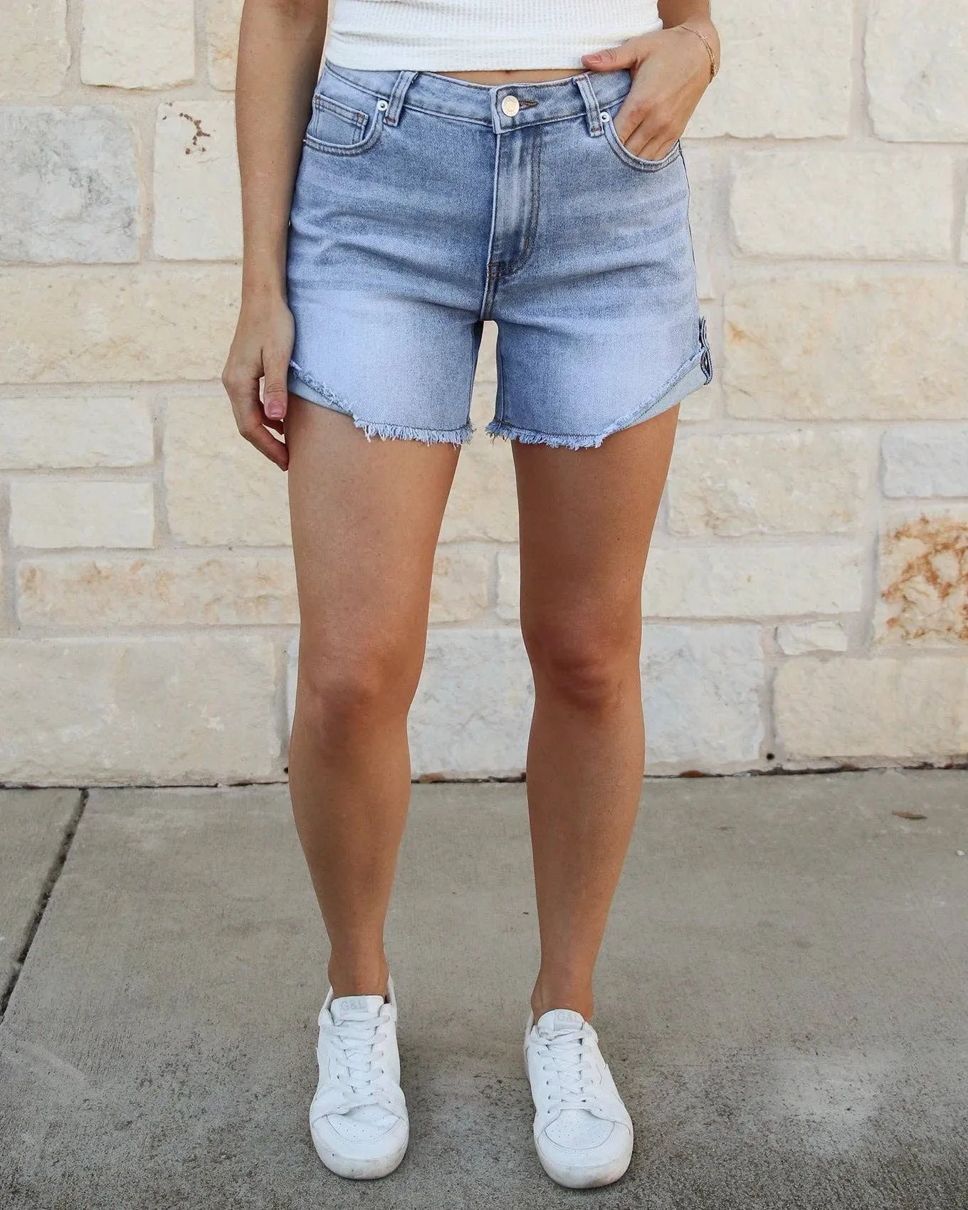 Grace and Lace Drop Hem Denim Shorts in Light Mid-Wash