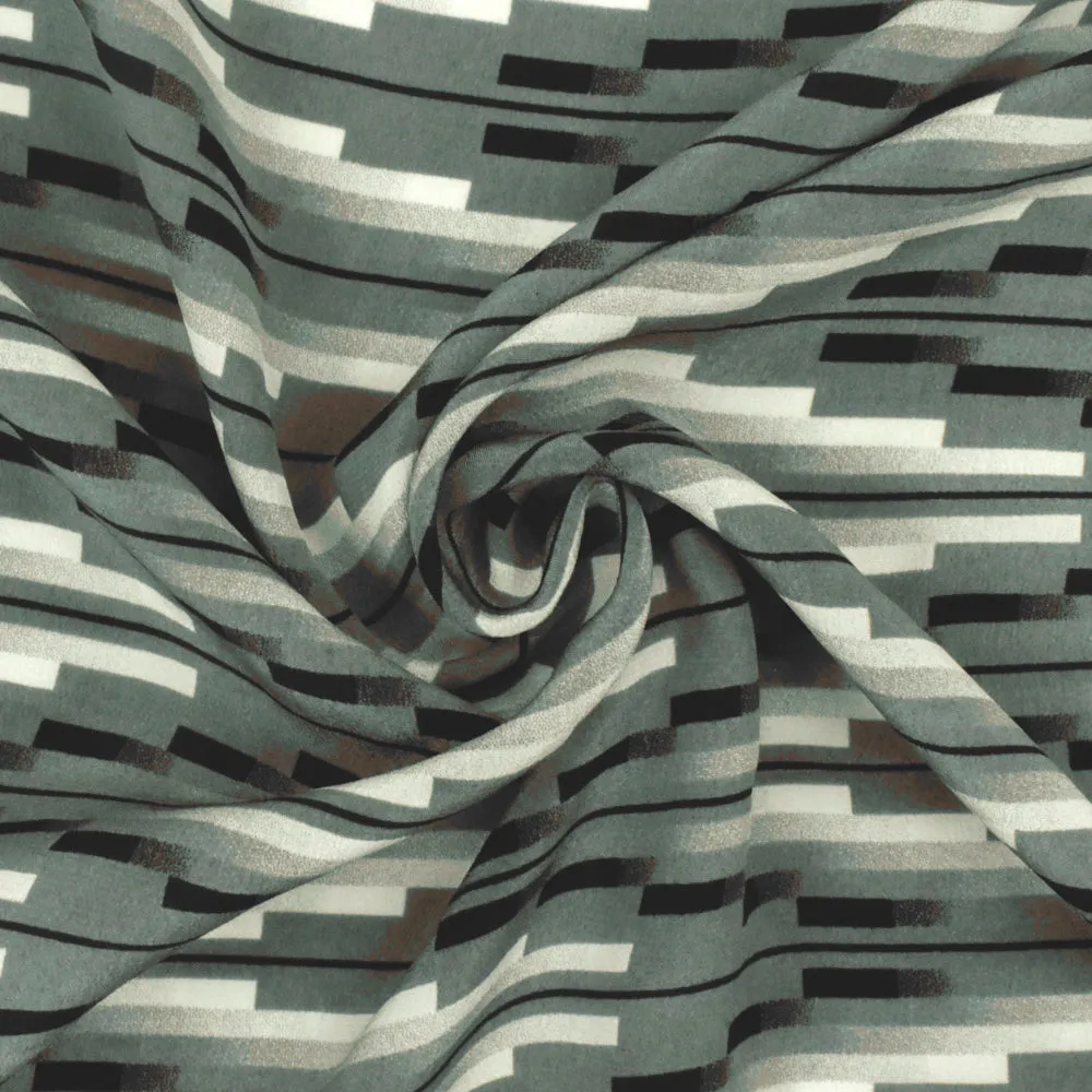 Gray-Multi Famous Designer Pixel Chevron Printed Silk Crepe De Chine Fabric