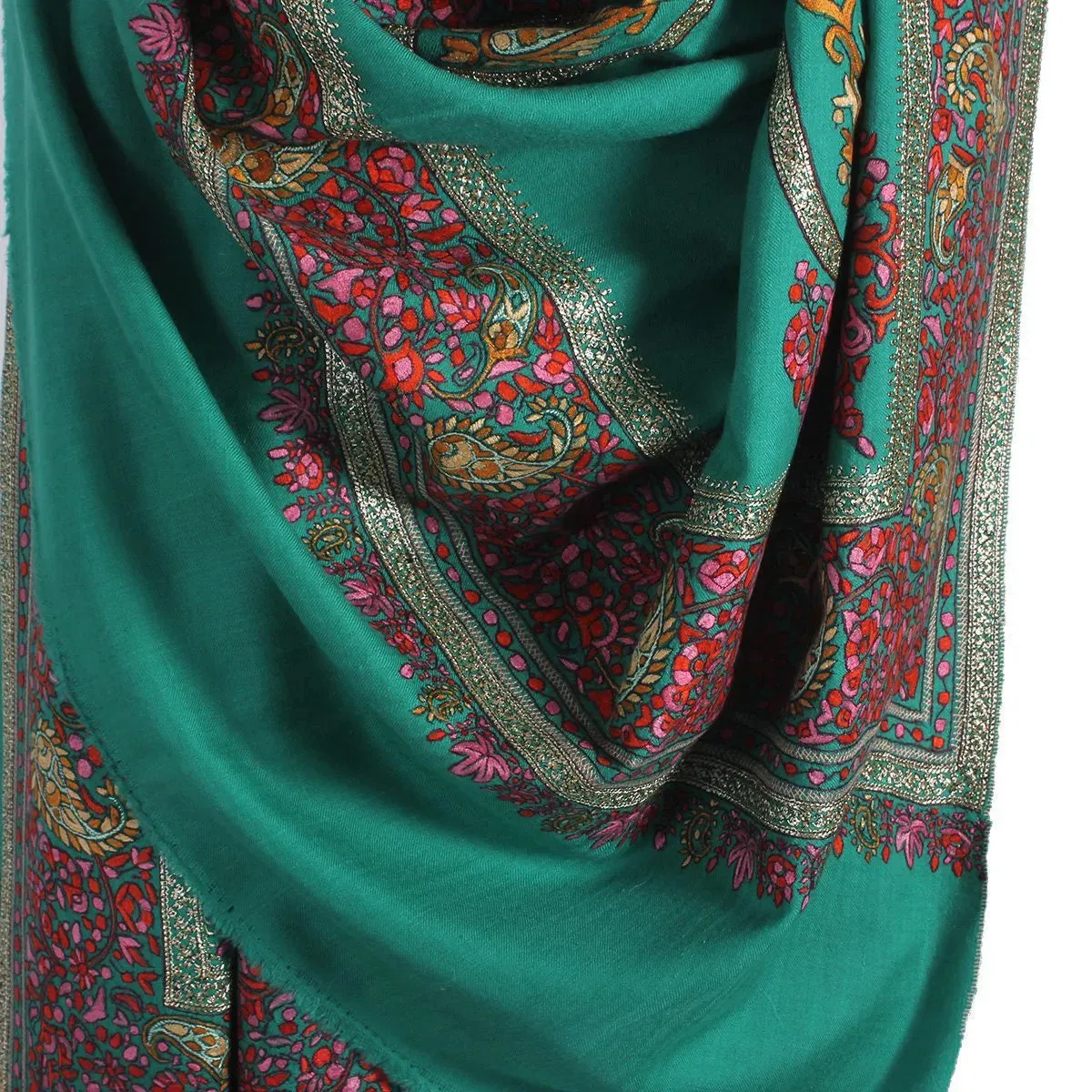 Green Base Zari and sozni Embroidered Cashmere Pashmina Shawl