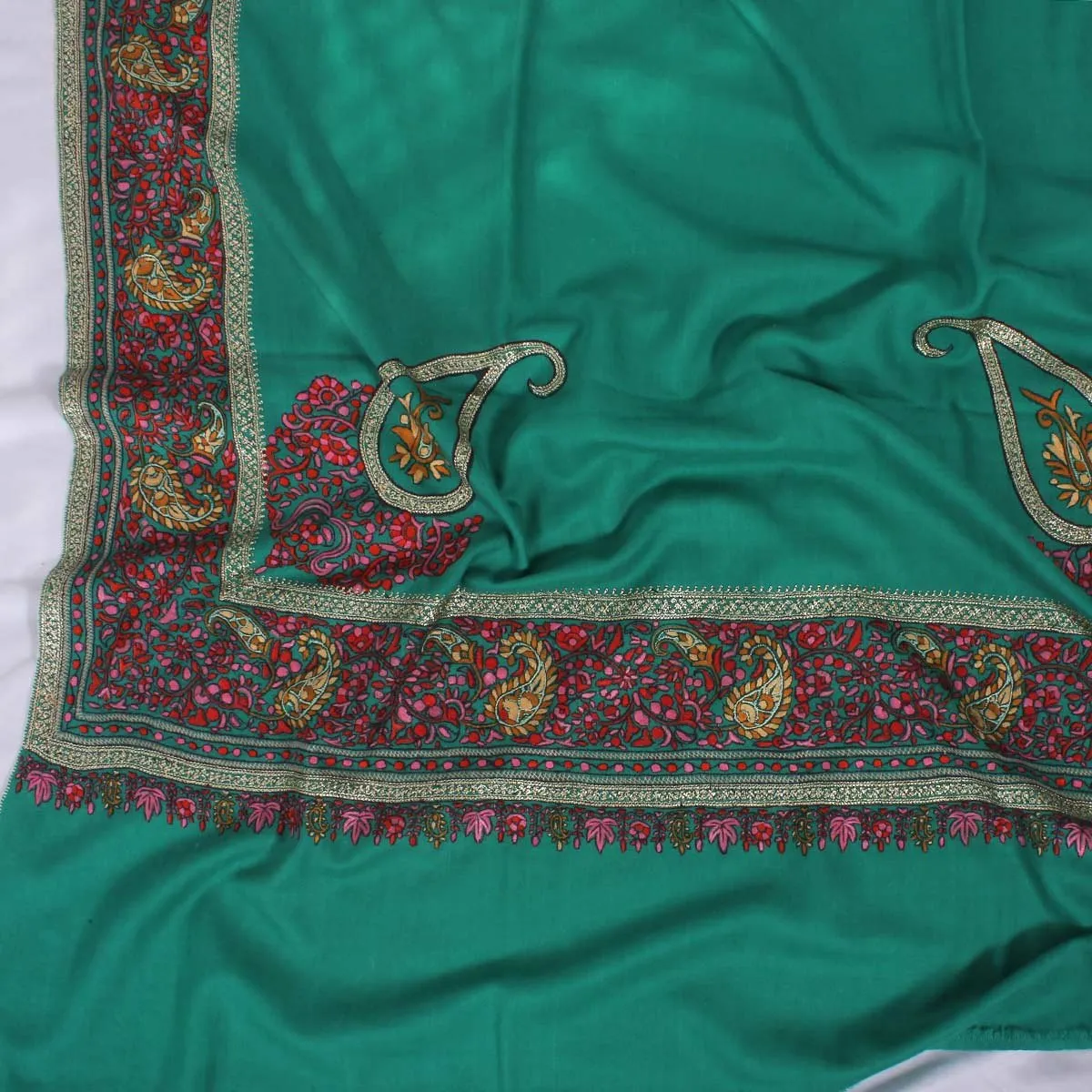 Green Base Zari and sozni Embroidered Cashmere Pashmina Shawl