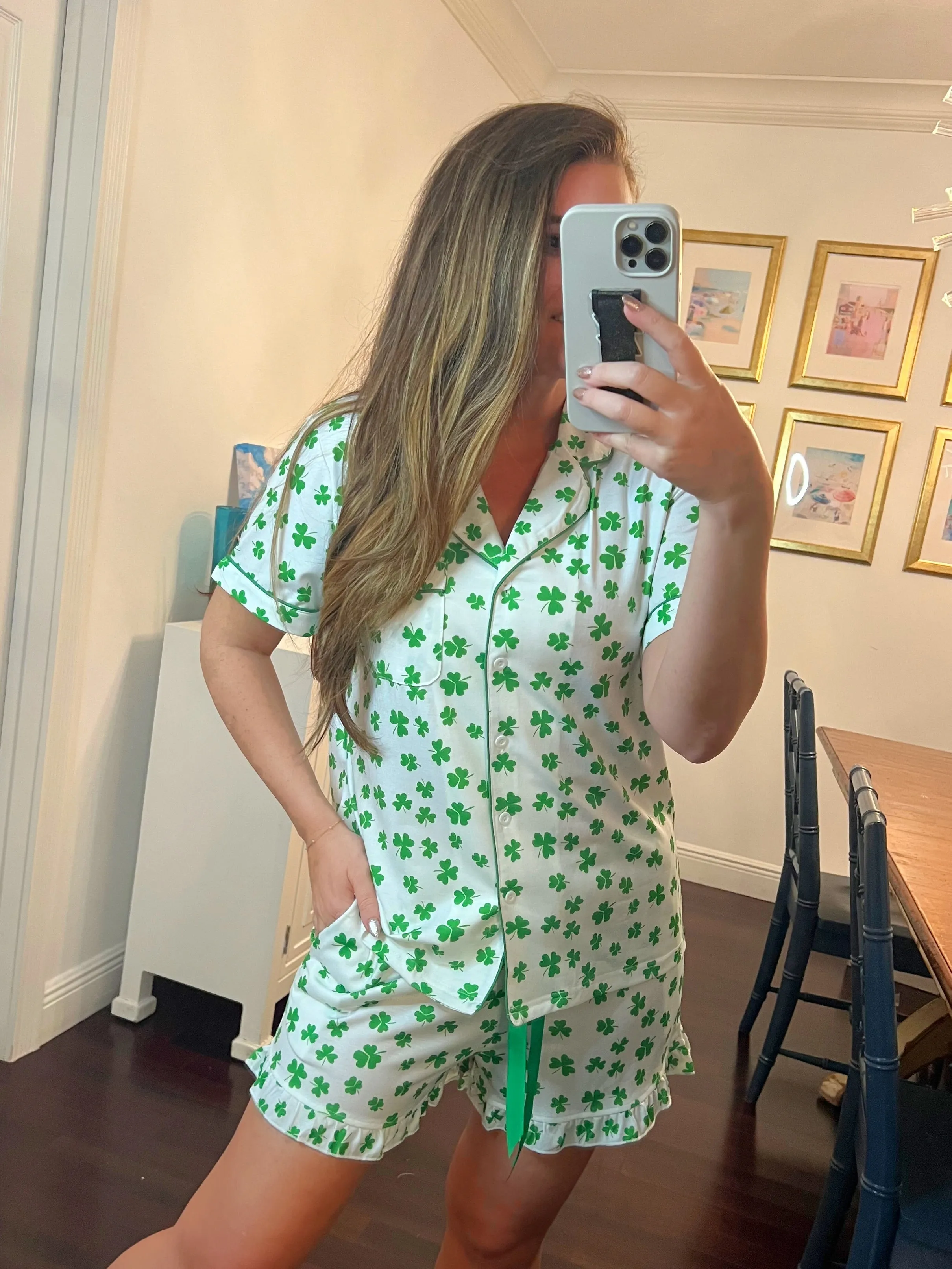 Green Clover Printed Short Sleeve and Ruffled Shorts Pajama Set