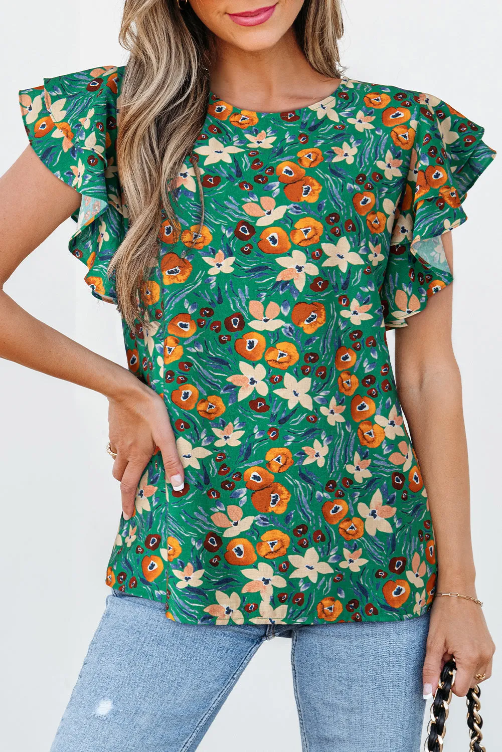 Green Floral Ruffled Sleeve Blouse