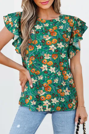 Green Floral Ruffled Sleeve Blouse