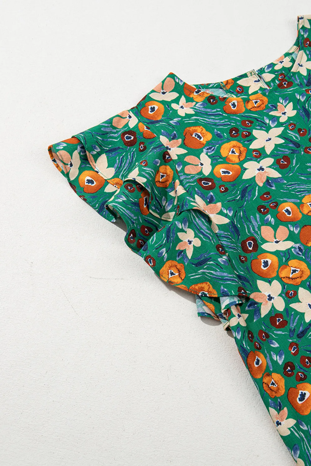 Green Floral Ruffled Sleeve Blouse