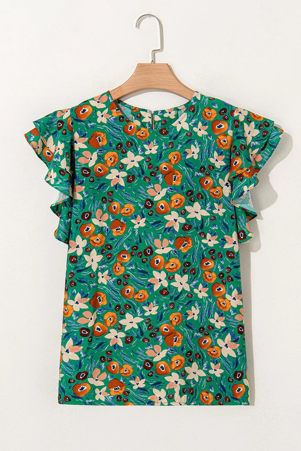 Green Floral Ruffled Sleeve Blouse