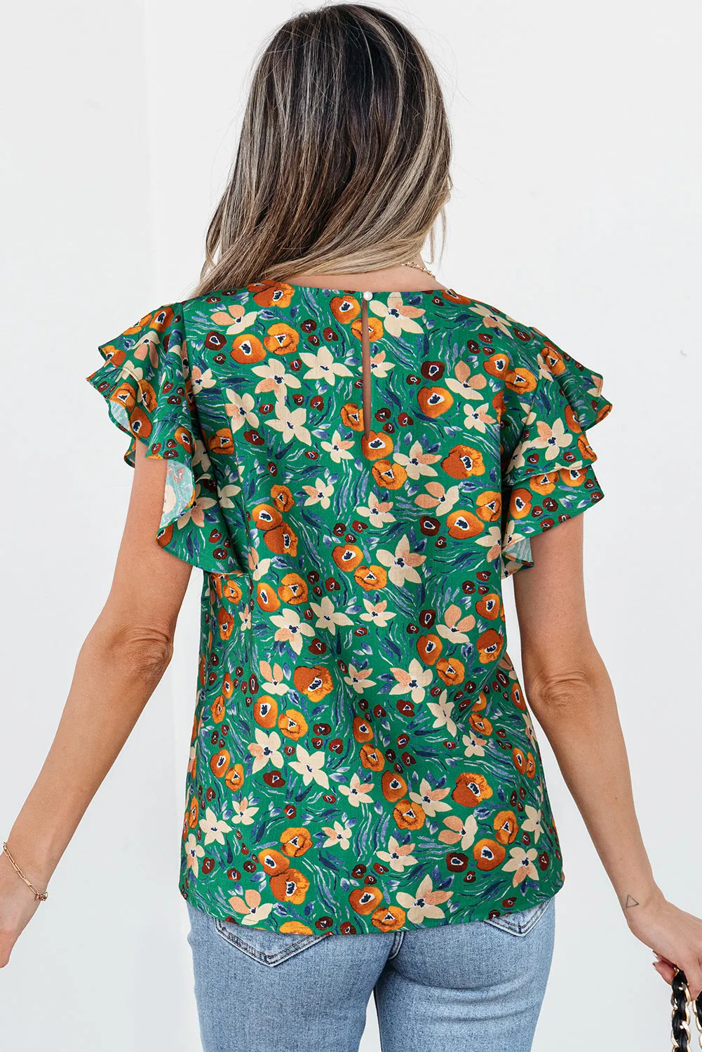 Green Floral Ruffled Sleeve Blouse