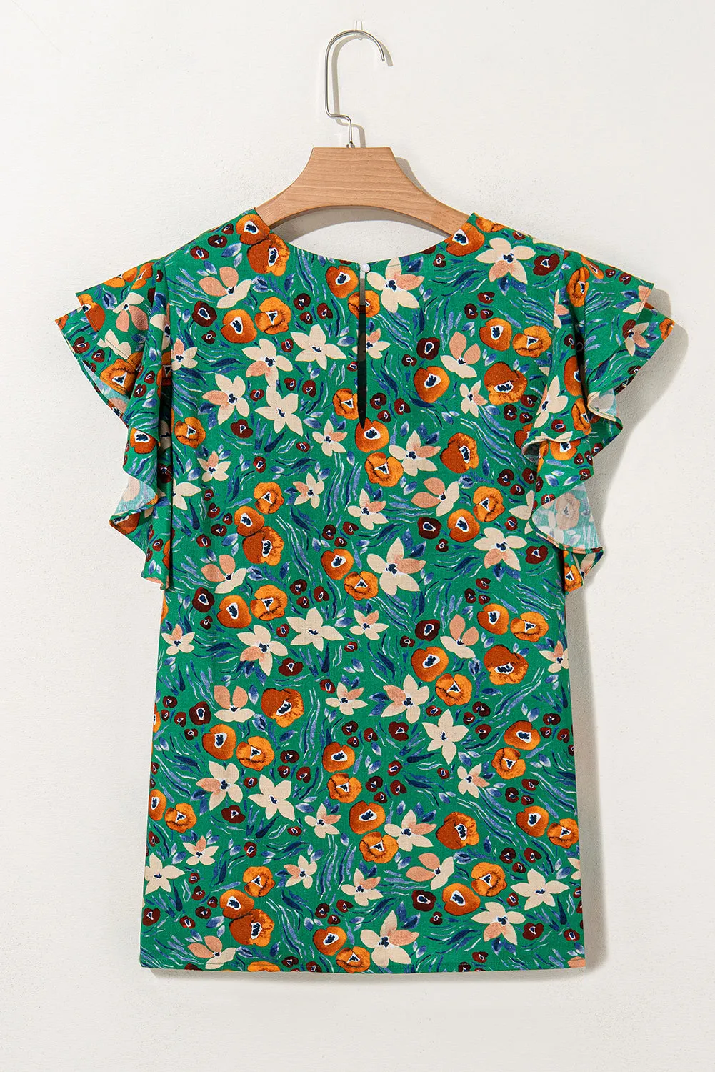 Green Floral Ruffled Sleeve Blouse