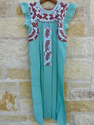 Green Pinstripe with Red and White Embroidery Flutter Sleeve Felicia Long Dress - M/L
