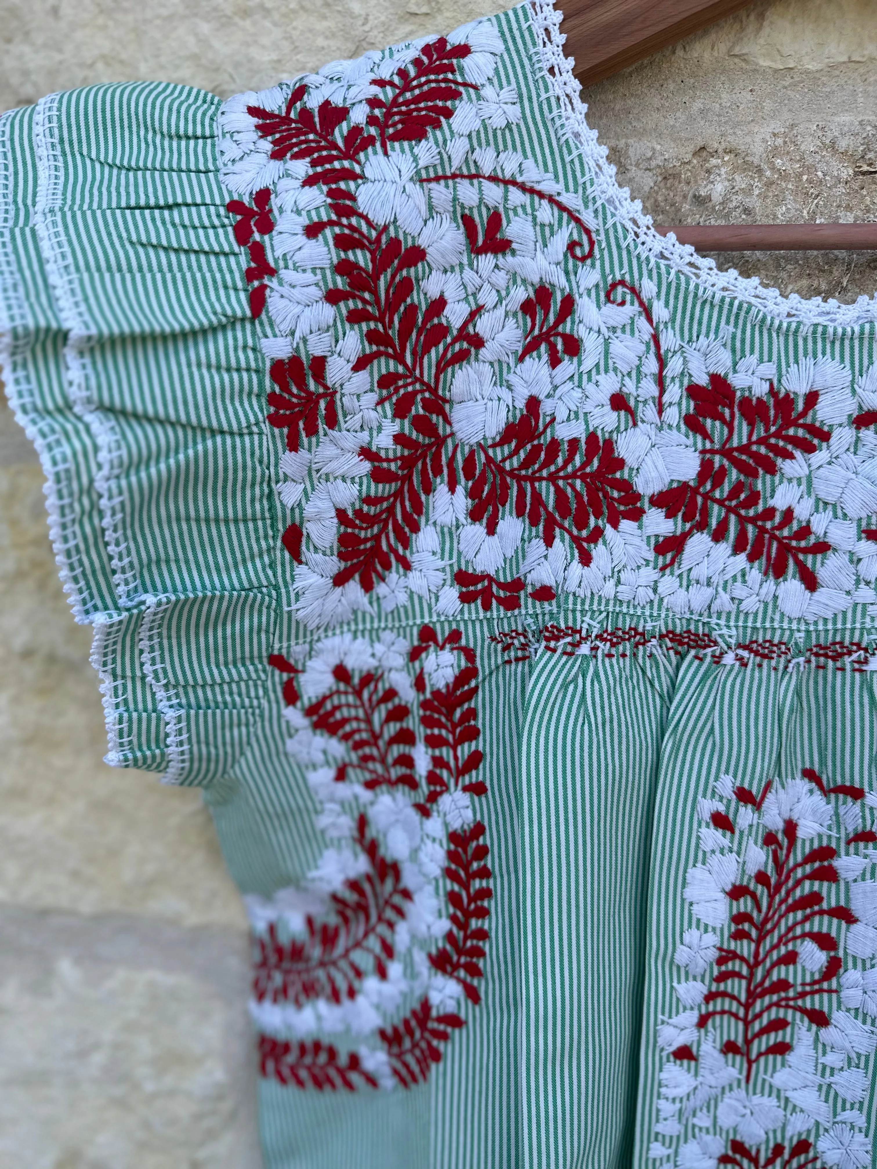 Green Pinstripe with Red and White Embroidery Flutter Sleeve Felicia Long Dress - M/L
