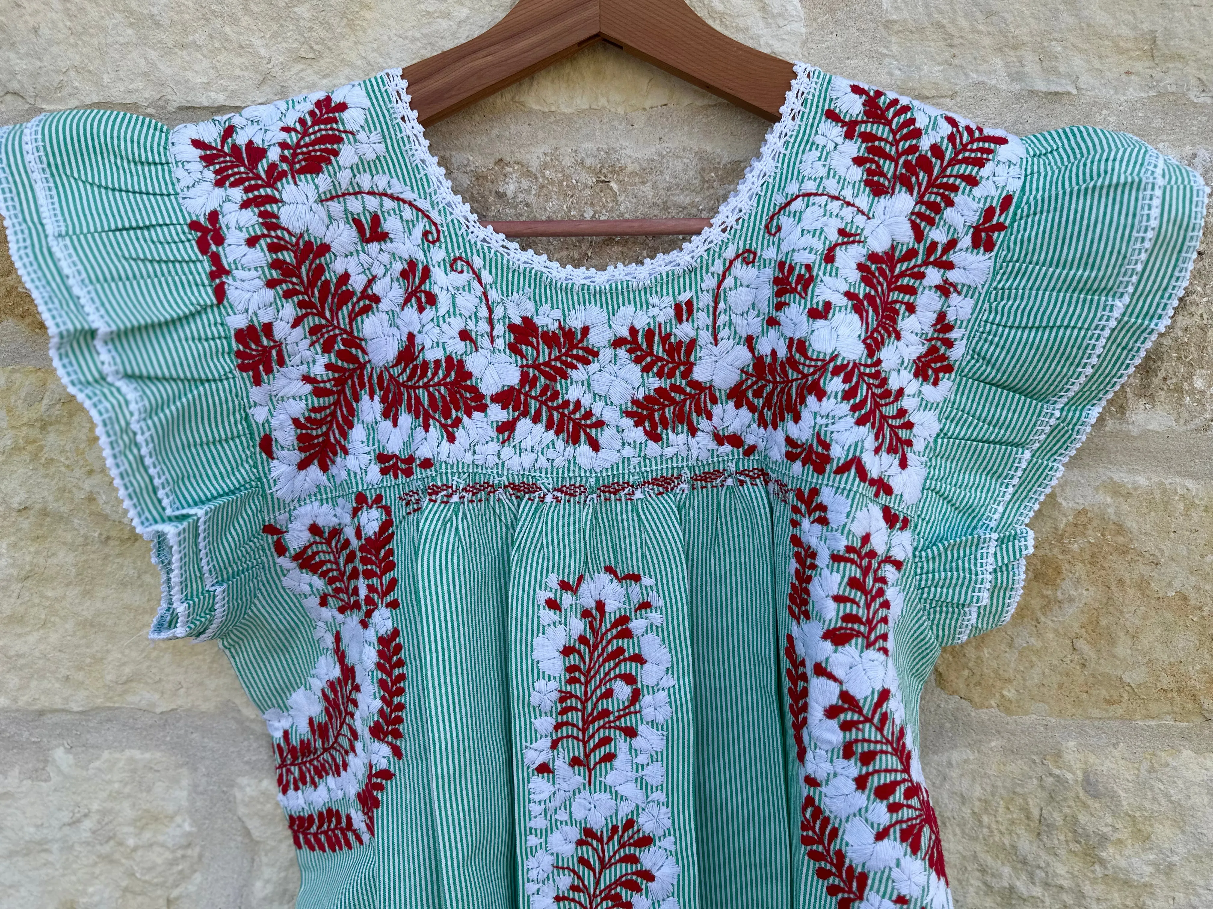 Green Pinstripe with Red and White Embroidery Flutter Sleeve Felicia Long Dress - M/L