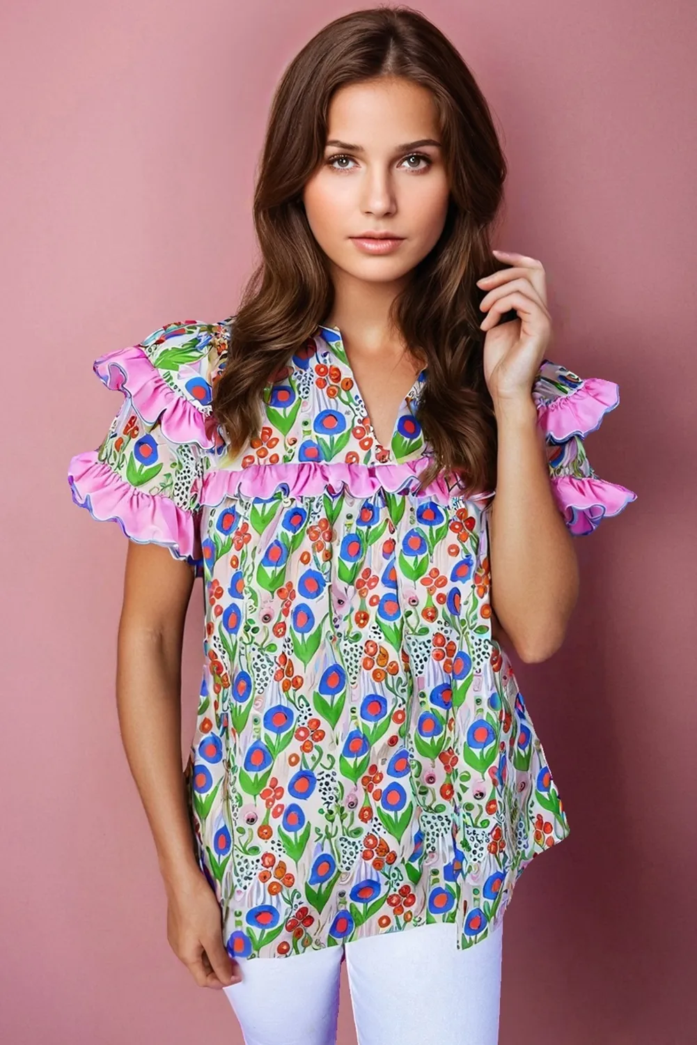 Green Ruffled Trim Floral Short Sleeve Blouse