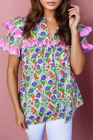 Green Ruffled Trim Floral Short Sleeve Blouse