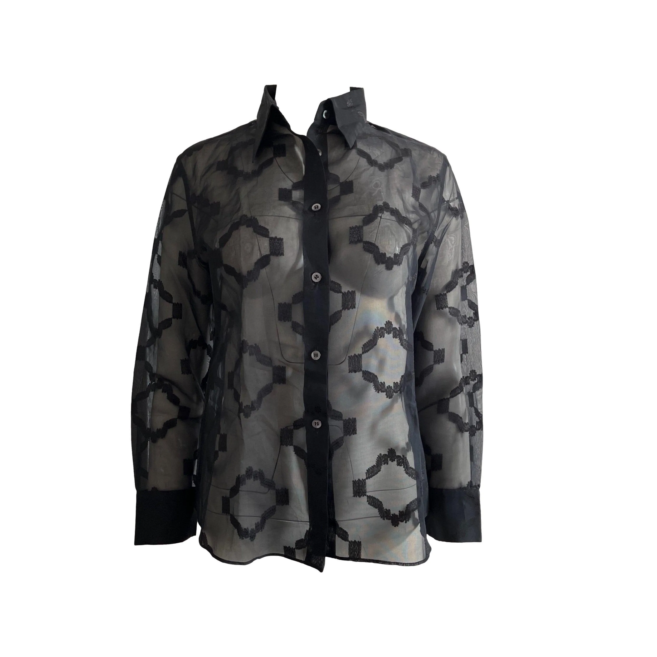 Gucci Black Embroidered Sheer Button Down