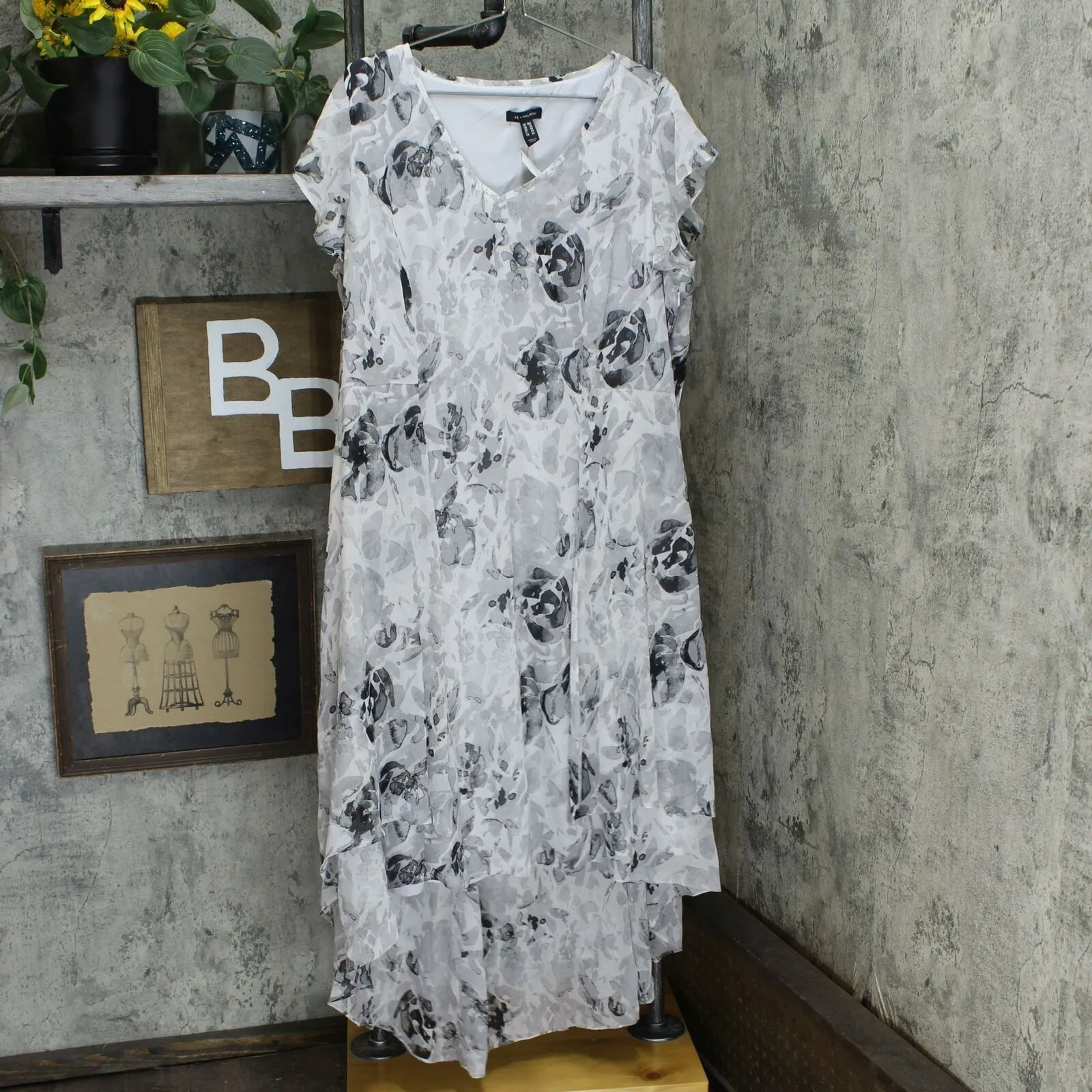 H by Halston Plus Size Rose Print Cap Sleeve Sleeve Hi-Low Dress