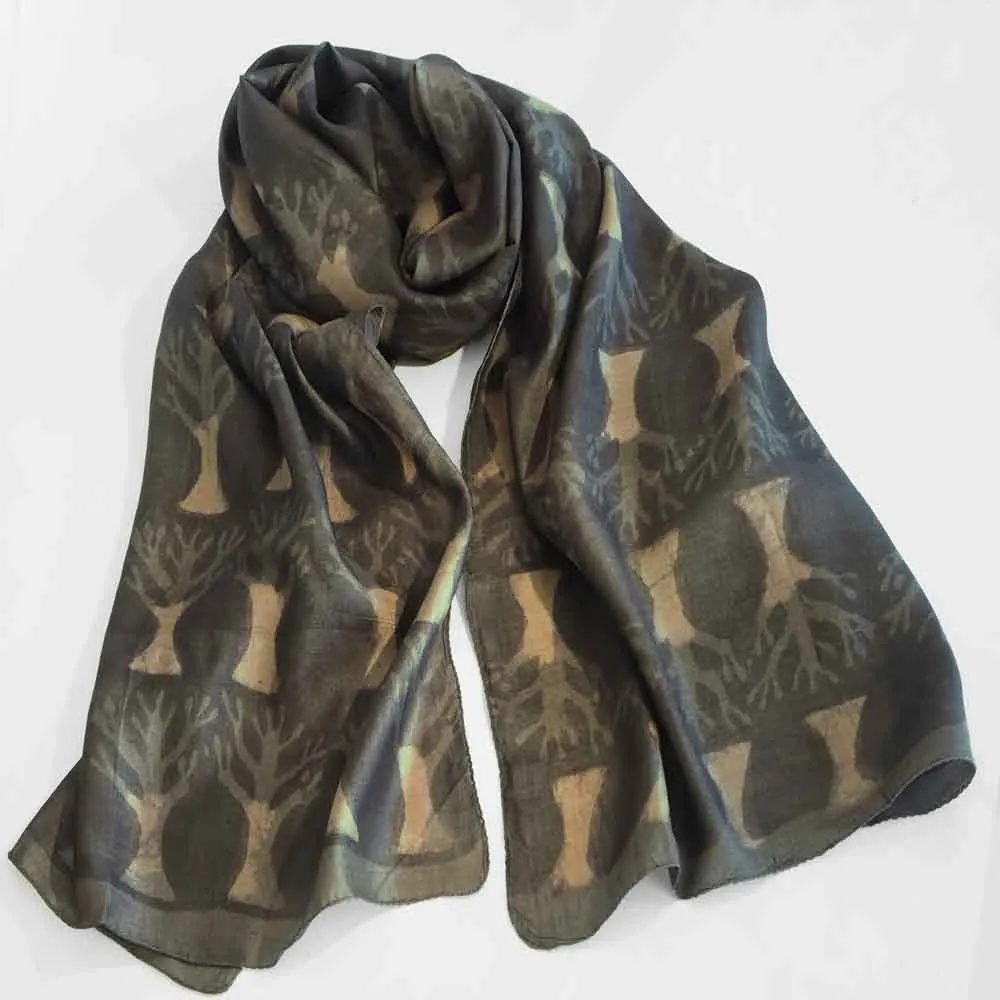 Hand woven fair trade tussar silk block printed scarf
