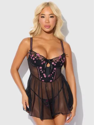 Harper Embroidered Mesh Babydoll Set