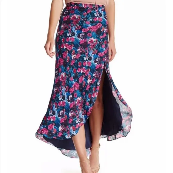 Haute Hippie Silk Floral Asymmetric Hi Low Hem Skirt