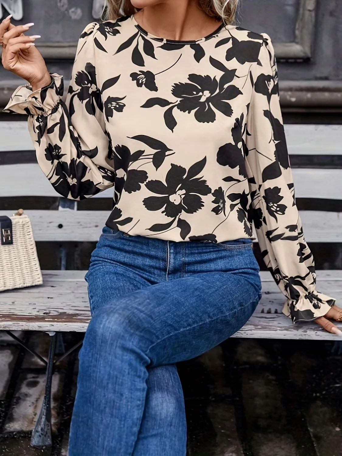 Hazel Blues® |  Bow Back Printed Round Neck Flounce Sleeve Blouse