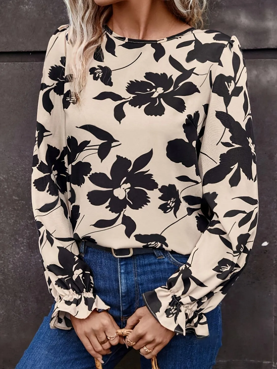 Hazel Blues® |  Bow Back Printed Round Neck Flounce Sleeve Blouse