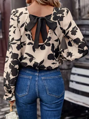 Hazel Blues® |  Bow Back Printed Round Neck Flounce Sleeve Blouse
