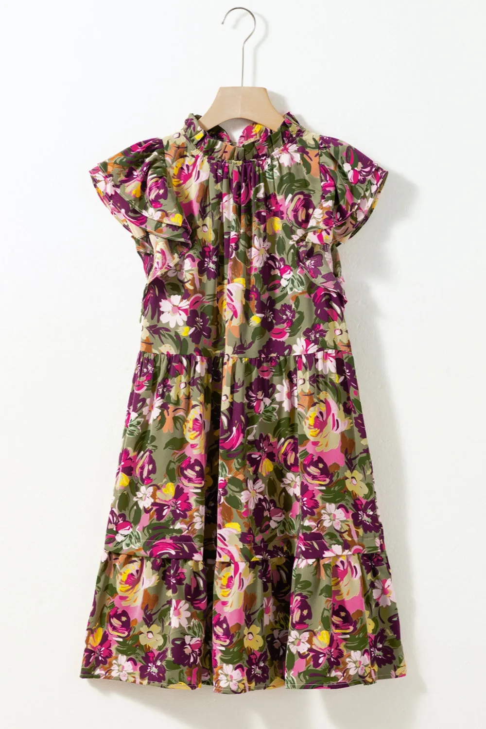 Hazel Blues® |  Ruffled Printed Mock Neck Cap Sleeve Mini Dress