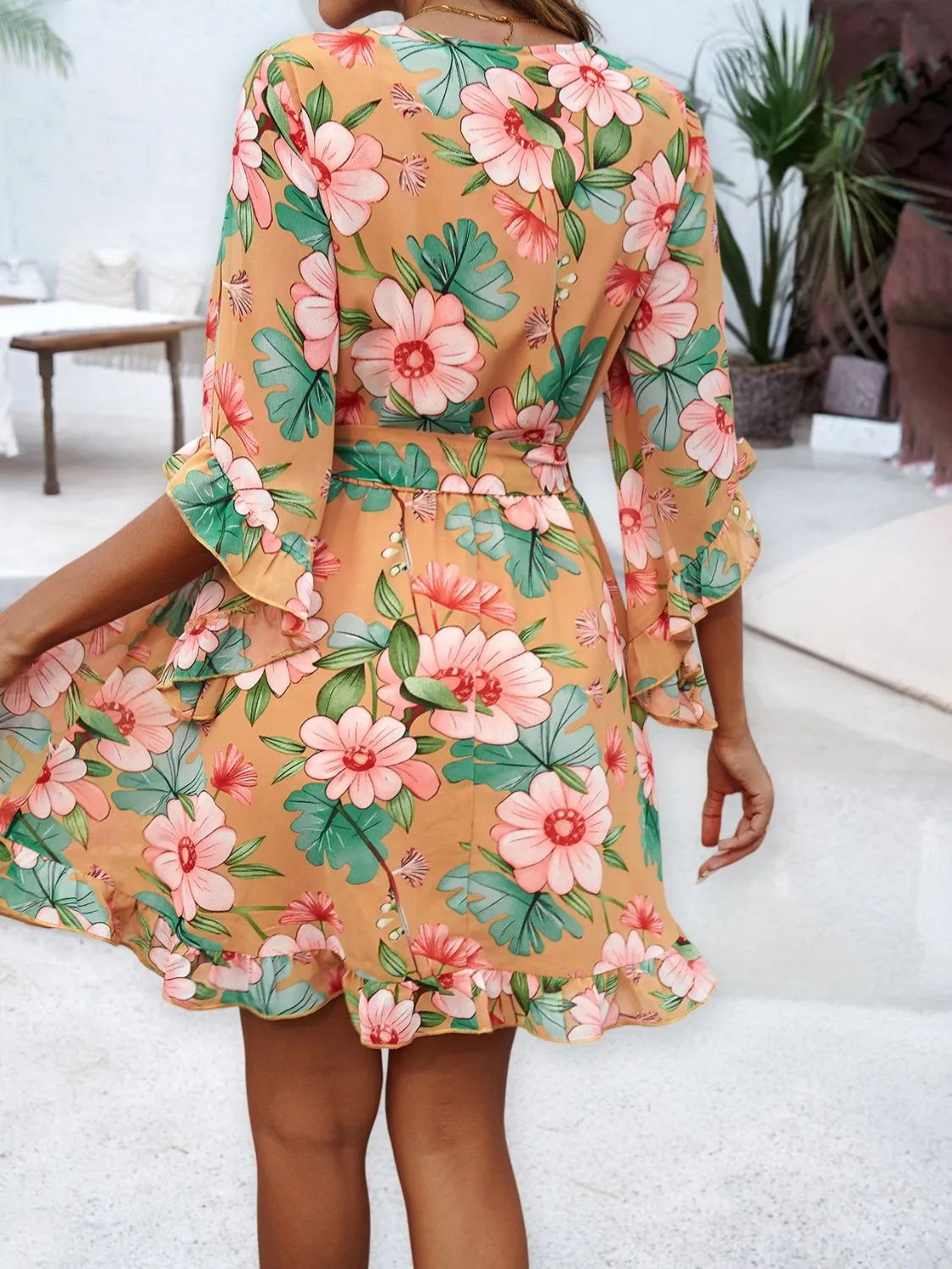 Hazel Blues® |  Ruffled Printed Surplice Half Sleeve Mini Dress