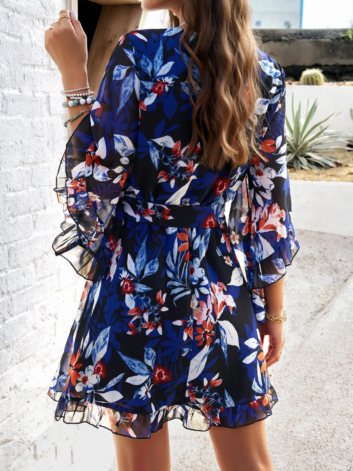 Hazel Blues® |  Ruffled Printed Surplice Half Sleeve Mini Dress
