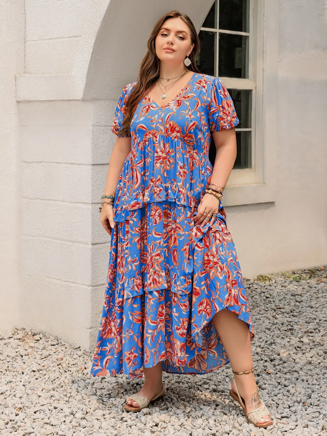 Hazel Blues® | Ruffled Printed V-Neck Short Sleeve Maxi Dress