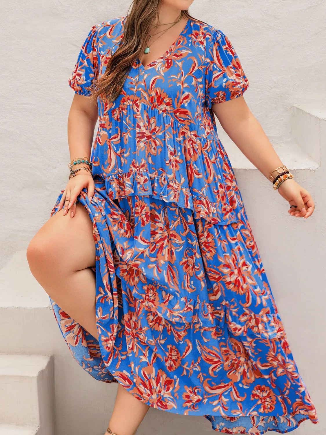 Hazel Blues® | Ruffled Printed V-Neck Short Sleeve Maxi Dress