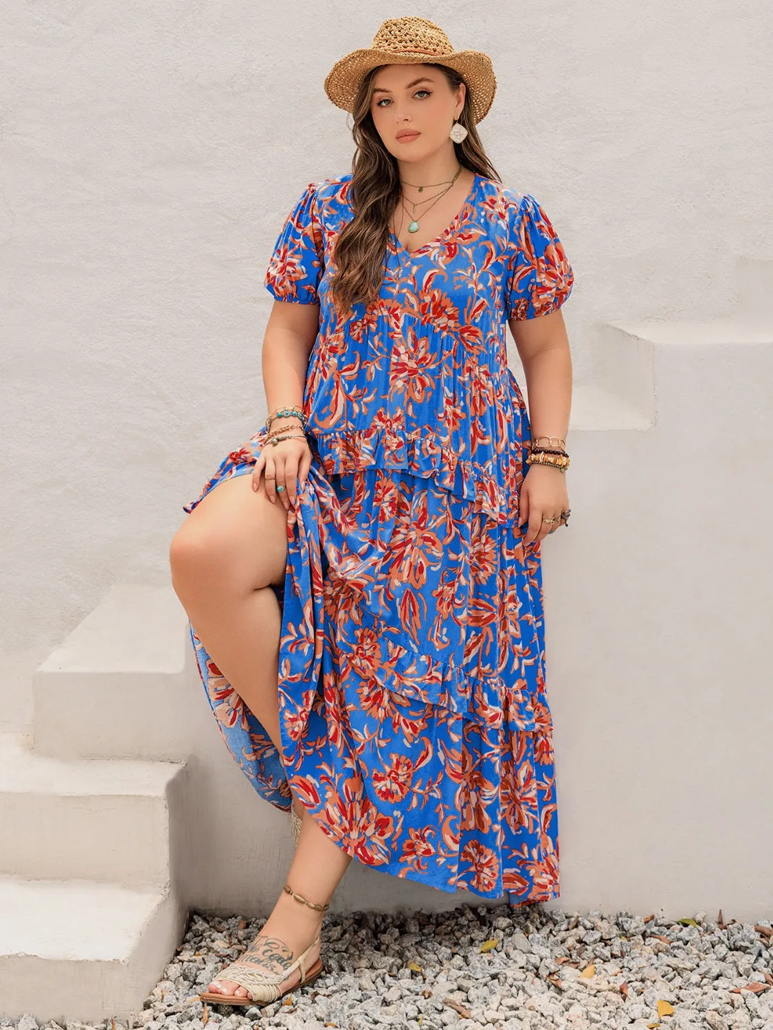 Hazel Blues® | Ruffled Printed V-Neck Short Sleeve Maxi Dress