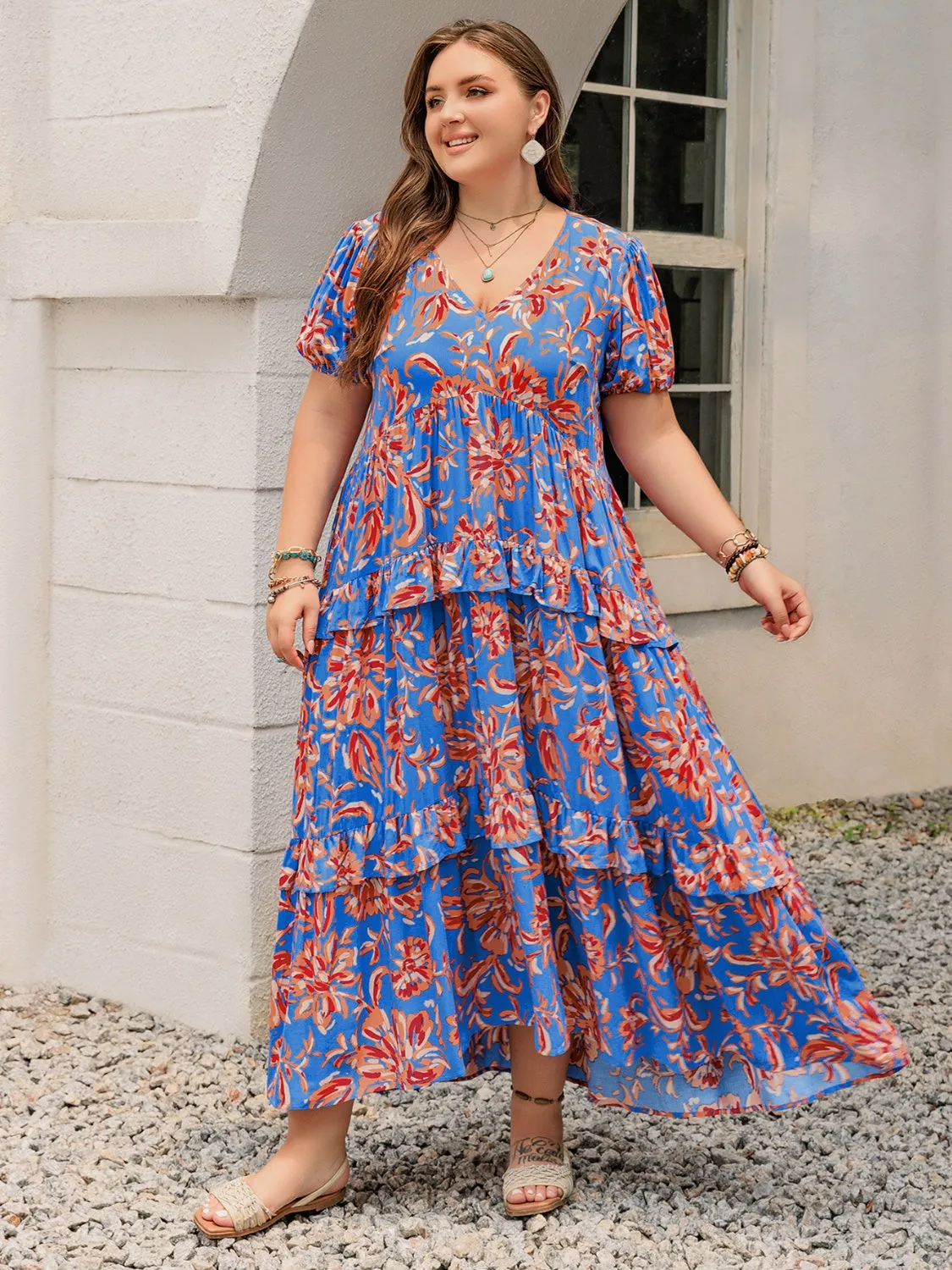 Hazel Blues® | Ruffled Printed V-Neck Short Sleeve Maxi Dress