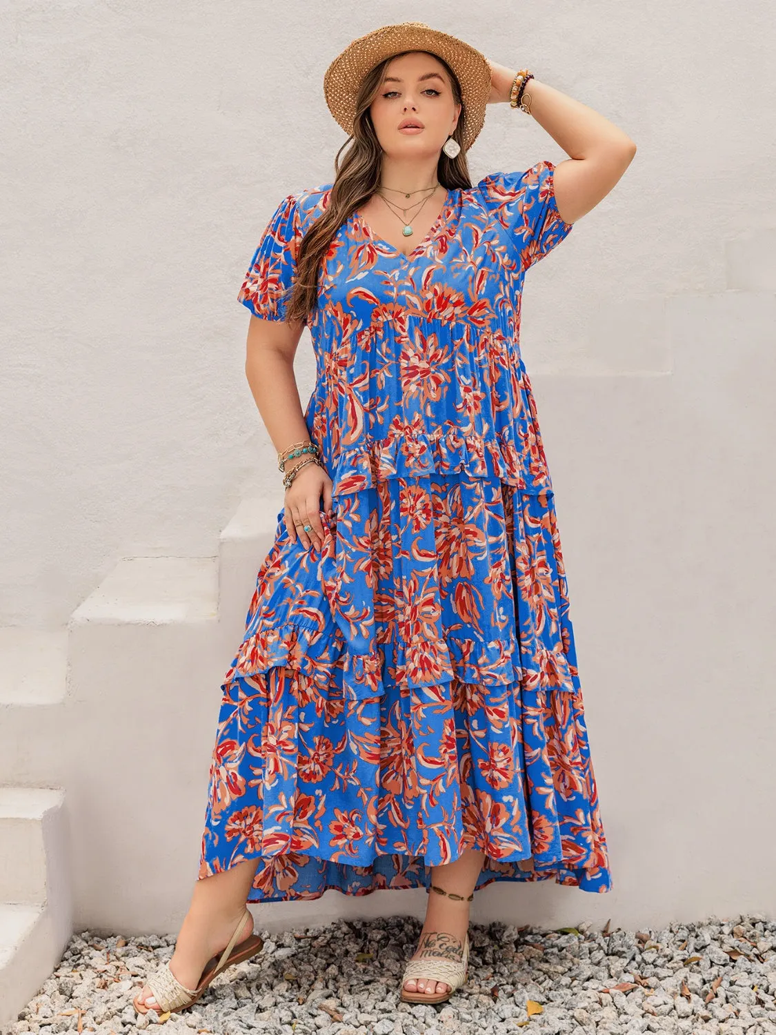 Hazel Blues® | Ruffled Printed V-Neck Short Sleeve Maxi Dress